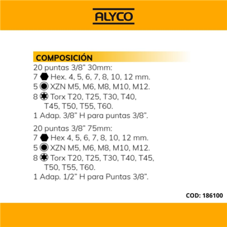 186100 JUEGO PUNTAS 42 PZAS DE 3/8 