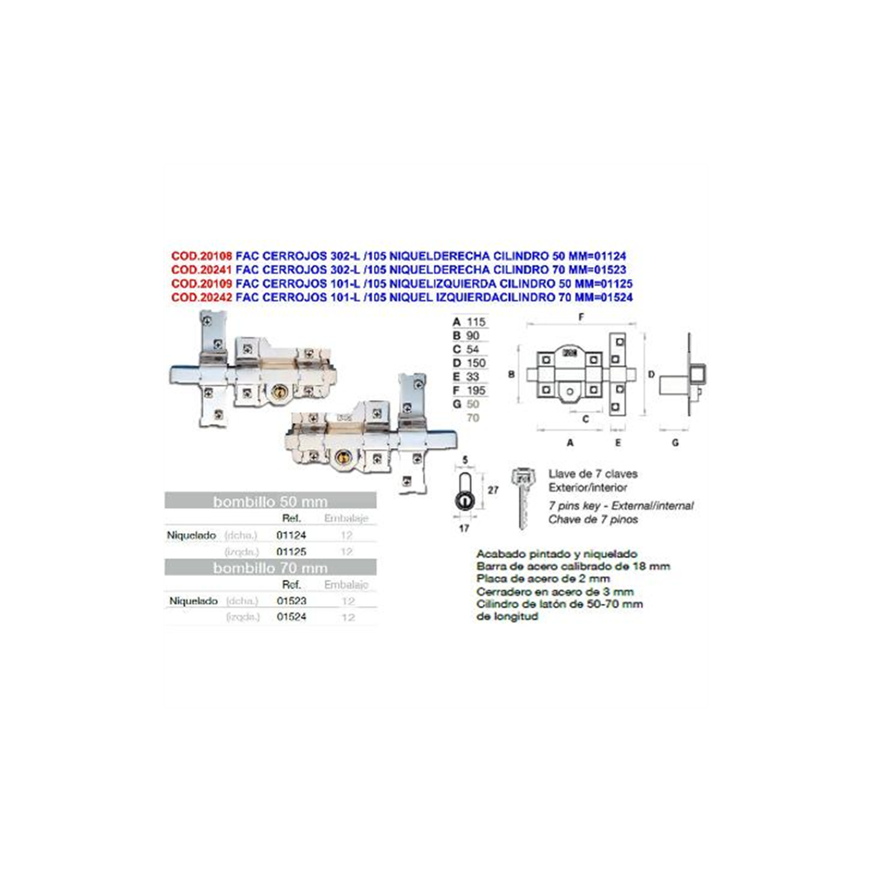 CERROJOS 302-L/115 B-70 NIQUELADO DER 